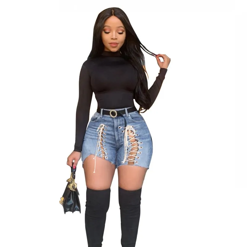 

Plus Size Sexy Hollow Out Denim Shorts Women's 4XL Summer Short Jeans Women Lace Up Bandage Style Hotpants B1695