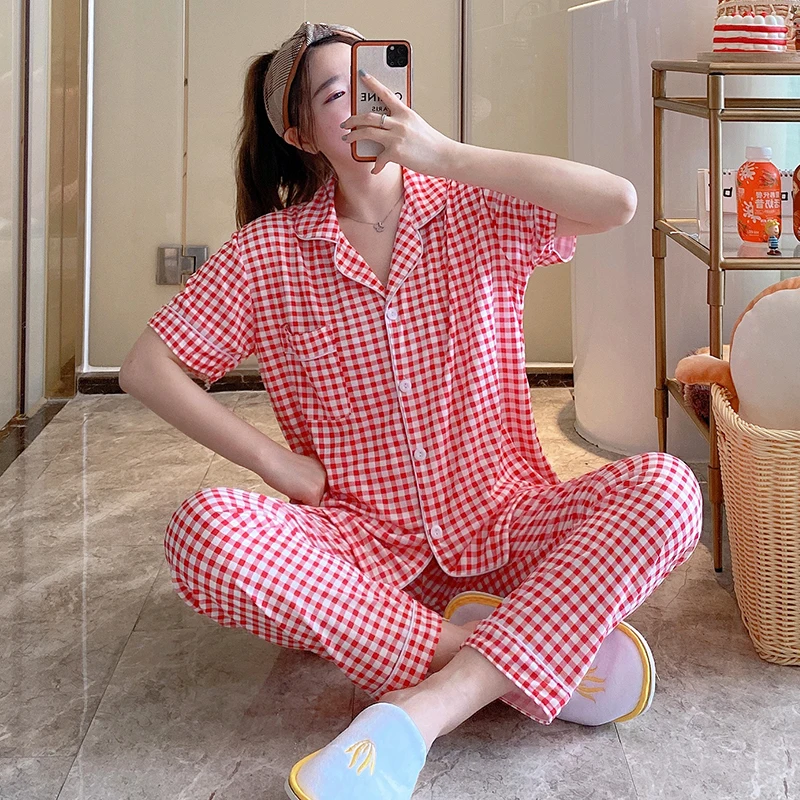 

Women's Milk Silk plus size summer and spring pajamas set thin two-piece set plaid printed button design home sleepwear, Picture shows