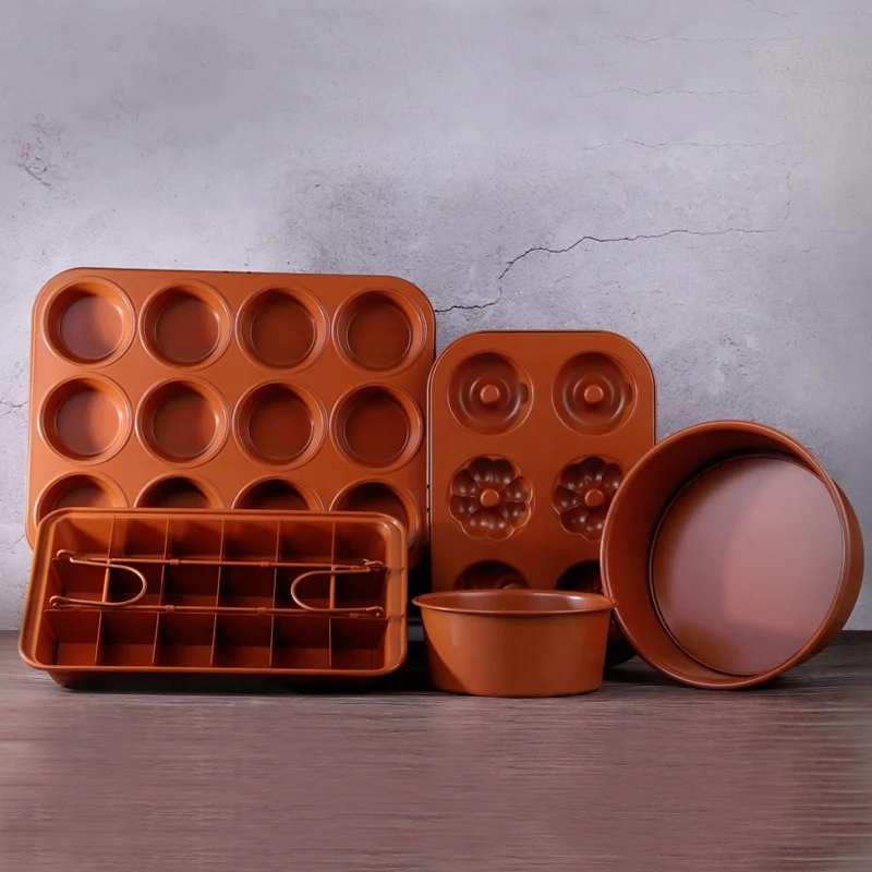 

Customized Bake Tool Supplier Orange Carbon Steel Cake Baking Pan Set 5 Pieces Nonstick Oven Bakeware Set