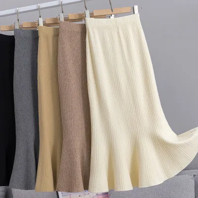 

B51330a Autumn Women Fashion Pure Color Mid-long Mermaid Knitted Skirt