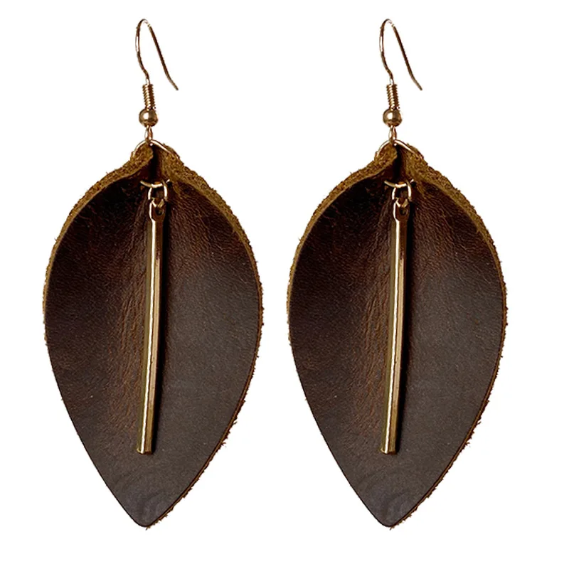 SC New Trend Vintage Genuine Leather Leaf Earrings Vintage Gold Plated Crazy Horse Leather Leaves Drop Earrings Boutique Jewelry