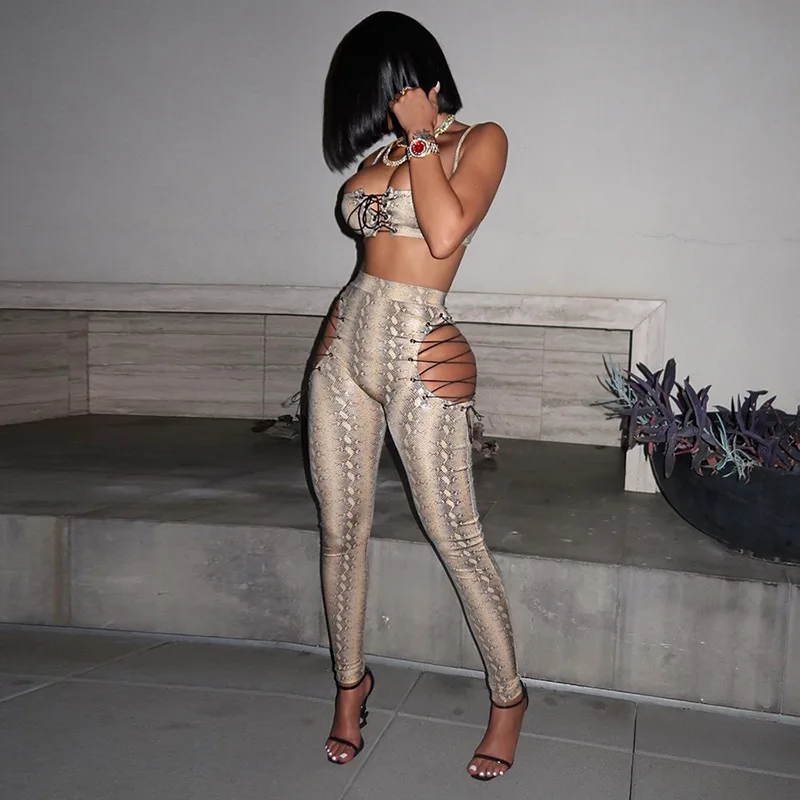 

2021 Serpentine Lace Up Sexy Two Piece Sets Crop Top High Waist Leggings Hollow Out Tracksuit Skinny Elastic Sportswear Women