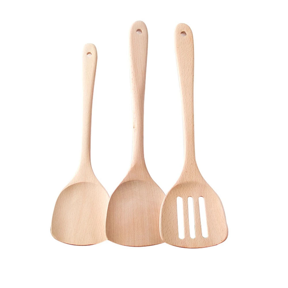 

30/35cm Natural Health Beech Wood Kitchen Slotted Spatula Spoon Mixing Holder Cooking Utensils Dinner Food Wok Shovels Turners, Wood color