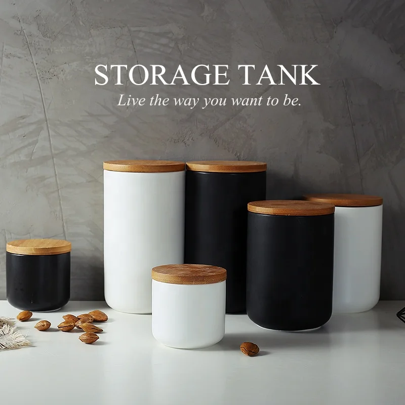 

Nordic Ceramic Sealed Can Kitchen Grain Storage Tank Food Storage Jar Candy Coffee Tea Seal Box with Wood Lid, White/black