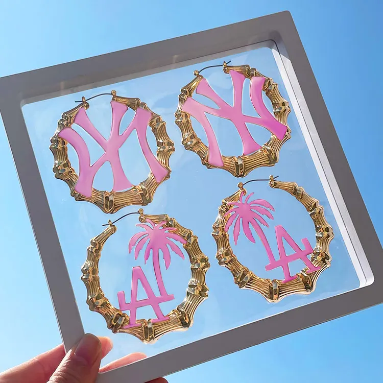 

Enamel Custom Name Letter 18 k Gold Plated Epoxy Bamboo Women Large Hoop Earrings