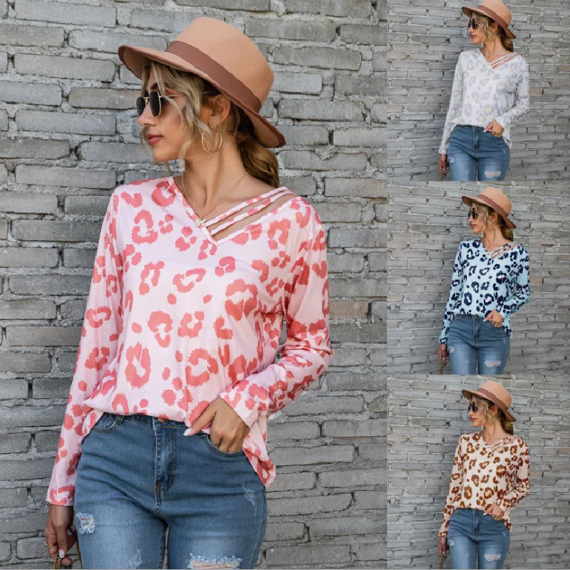 

Leopard Print Long Sleeve V-Neck Strapless Shirt for Women, As pictures