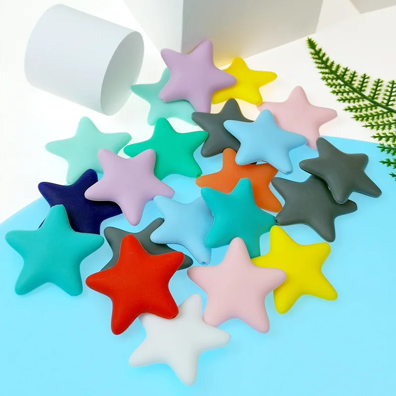 

Factory Wholesale Silicone Teether Loose Beads Large Star (45 MM) Shape Teething Beads For Food Grade Silicone Teething Necklace, Printed sign