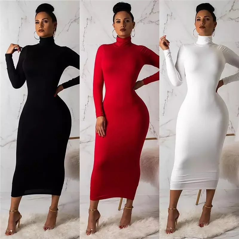 

New Arrivals 2021 Ladies Bodycon Dresses Sexy Skinny Zipper Long Sleeve High Neck Slim Casual Women Dresses, Customized color