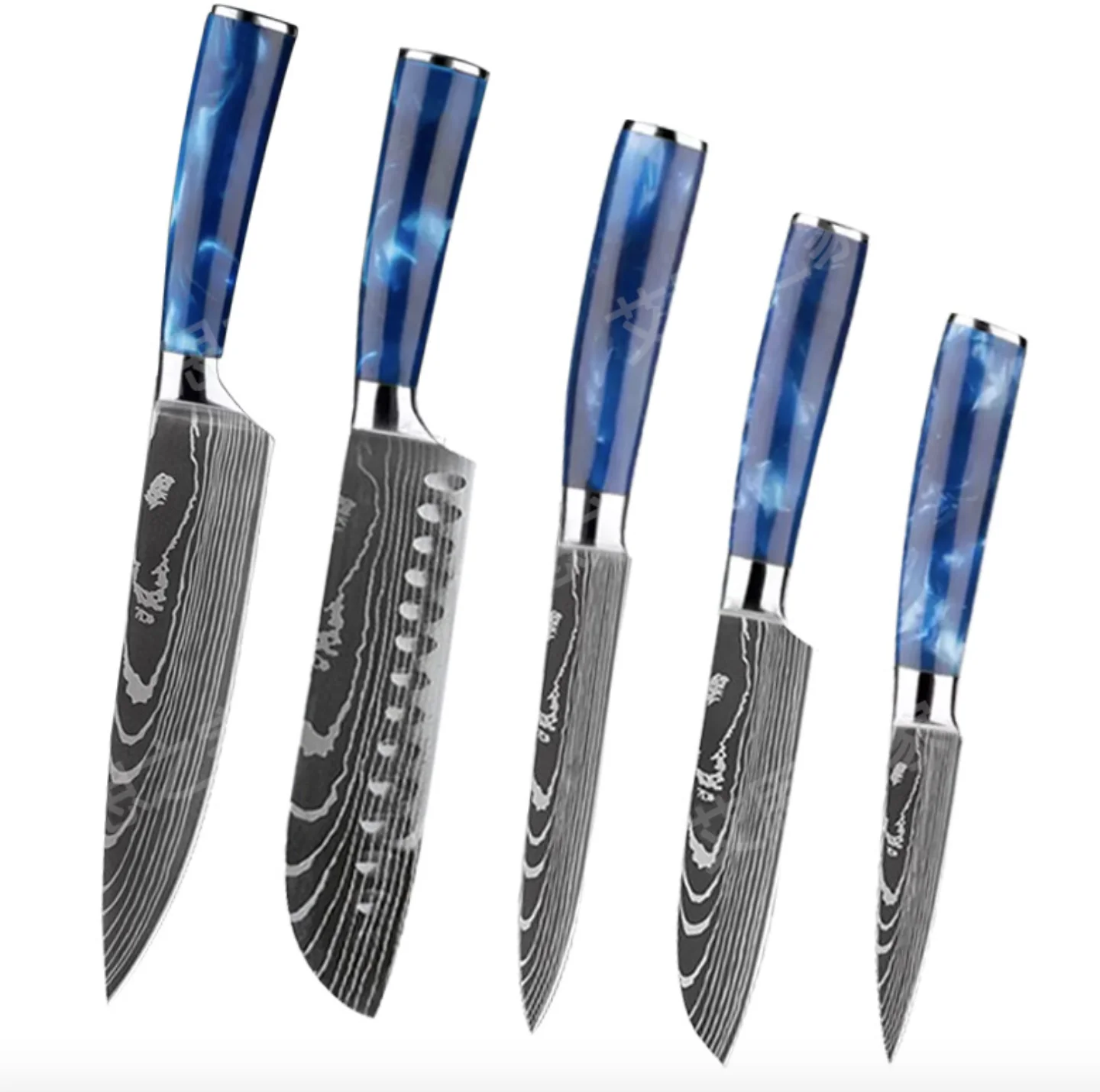 

Hot sale Wholesale price a set of 67 layers damascus kitchen knives with wave pattern and blue handle