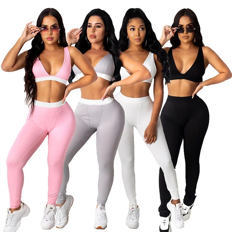 

New solid color stitching ladies suit, two-piece stretch sports yoga suit