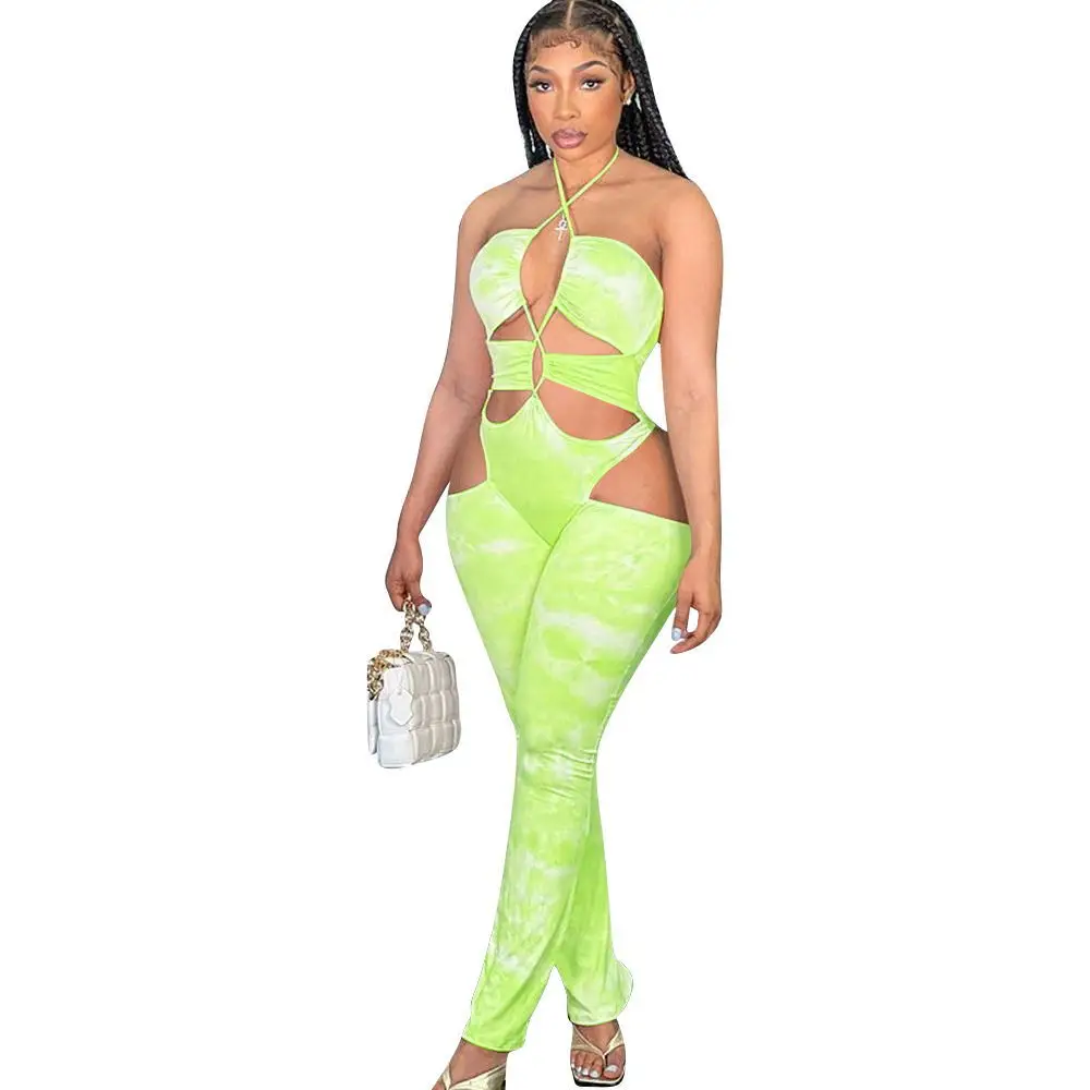 

2021 New Arrivals Fashion Women Neck Drawstring Backless Sleeveless Long Pants Irregular Hollow Out Tie Dye Jumpsuit, Picture show