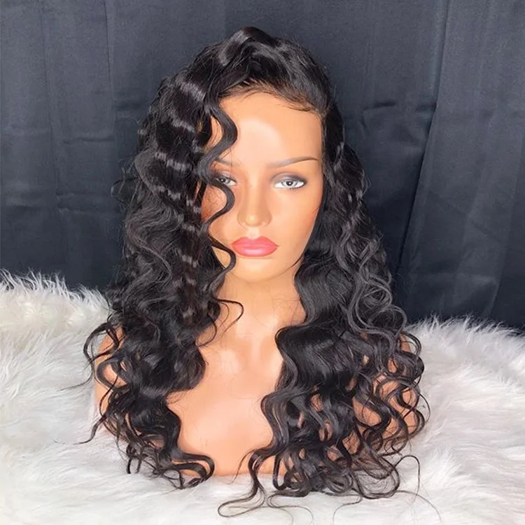 

Hot Selling Deep Wave Human Wig Black Women 150%Density Lace Front Wig With Side Part Bleached Knots