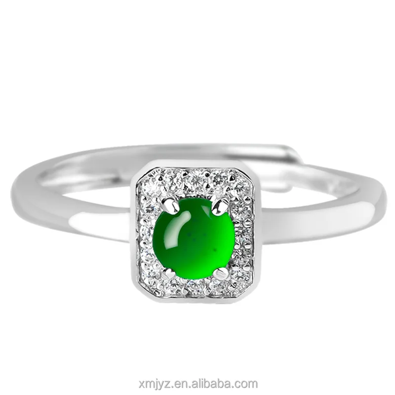 

Certified Grade A S925 Silver Inlaid Natural Emerald Green Ice Jade Stone Ring Fashion Men's Ring Women's Adjustable