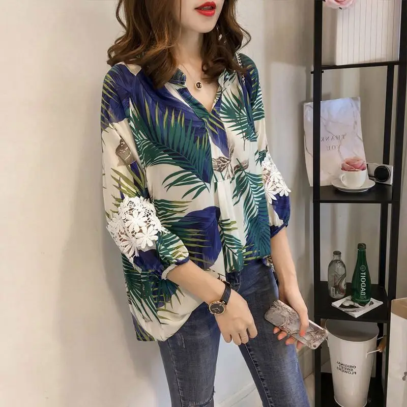 

2019 Korean Fashion Women Clothes Print Lace Blouses And Tops, Orange/blue