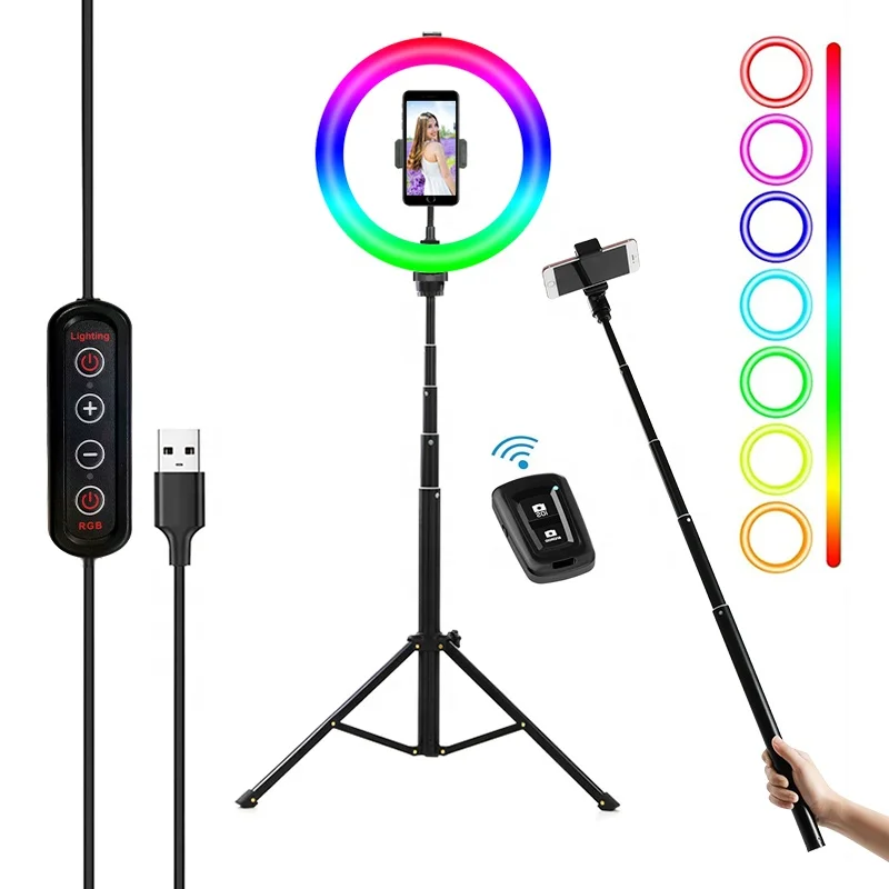 

photographic lighting rgb 10 inch led ring flash light with Selfie Stick Tripod