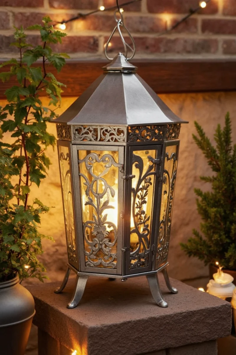 Flameless candle inside a glass lantern on a shelf