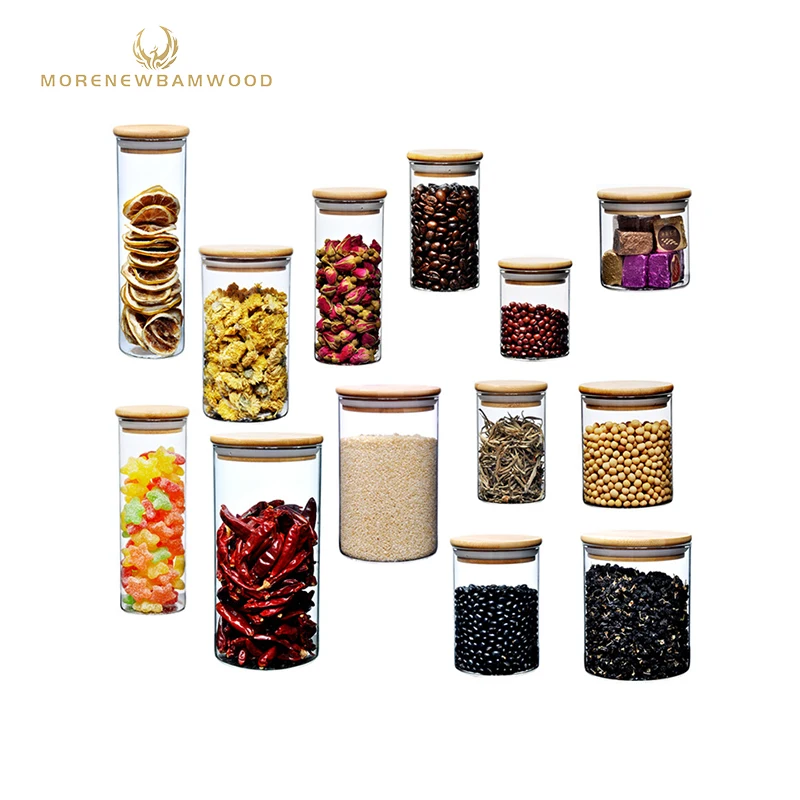 

Factory outlet food glass storage containers with bamboo cover, glass storage jars