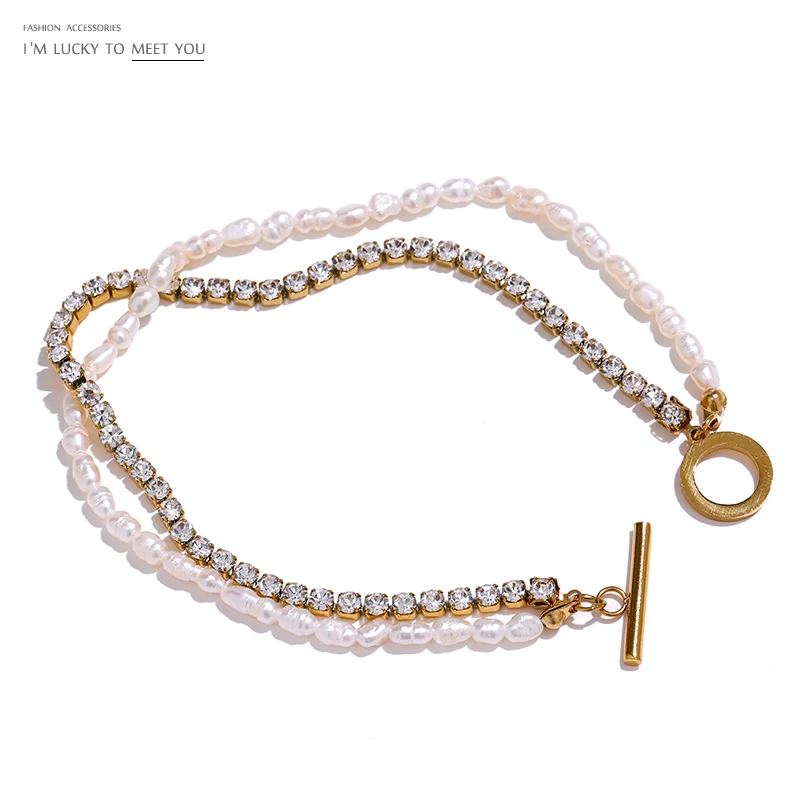 

JINYOU 846 Stainless Steel Natural Pearl Chain Shiny Luxury Cubic Zircon Layered Bracelet Bangle Jewelry Waterproof