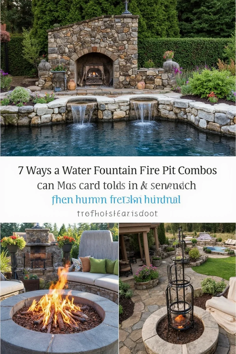Nighttime view of LED-lit fountain fire pit combo