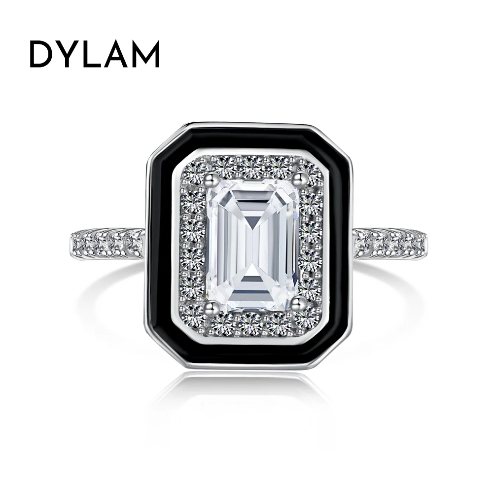 Dylam Low Price Minimalist S925 Sterling Silver Ring Black Cz Cubic Zirconia Square Cut Engagement Rings Jewelry Women Set