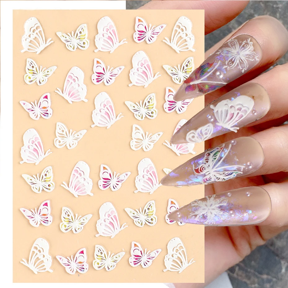 

DIY Self-Adhesive Waterproof White Roses French Nail Decals Embossed Butterfly Flowers 5D Nail Art Sticker Decals