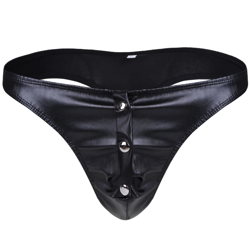 

iEFiEL Mens Faux Leather Briefs Underwear Bikini Thong Sexy Lingerie Underwear with Press Buttons