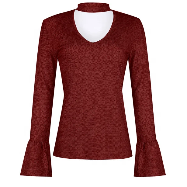 

New Arrival Fall Fashion Women Flare Long Sleeve V Neck Sexy Blouse Top