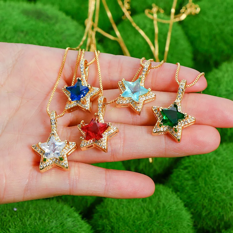 

European Colorful Crystal Star Necklace 18k Gold Plated Zircon Star Pendant Necklace For Girls