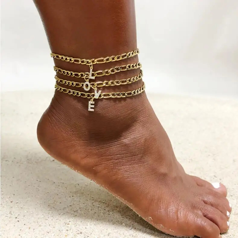 

Vintage Stainless Steel Women Crystal Letter Jewelry Identify 18k Gold Plated Foot Chain Figaro Anklet CZ Initial Anklet