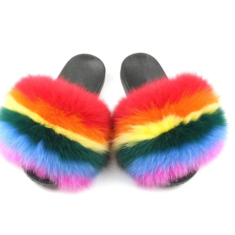 

Wholesale custom indoor slipper flush real soft raccoon fur slippers fashion outdoor slider sandals fox fur slides for women, Multi color