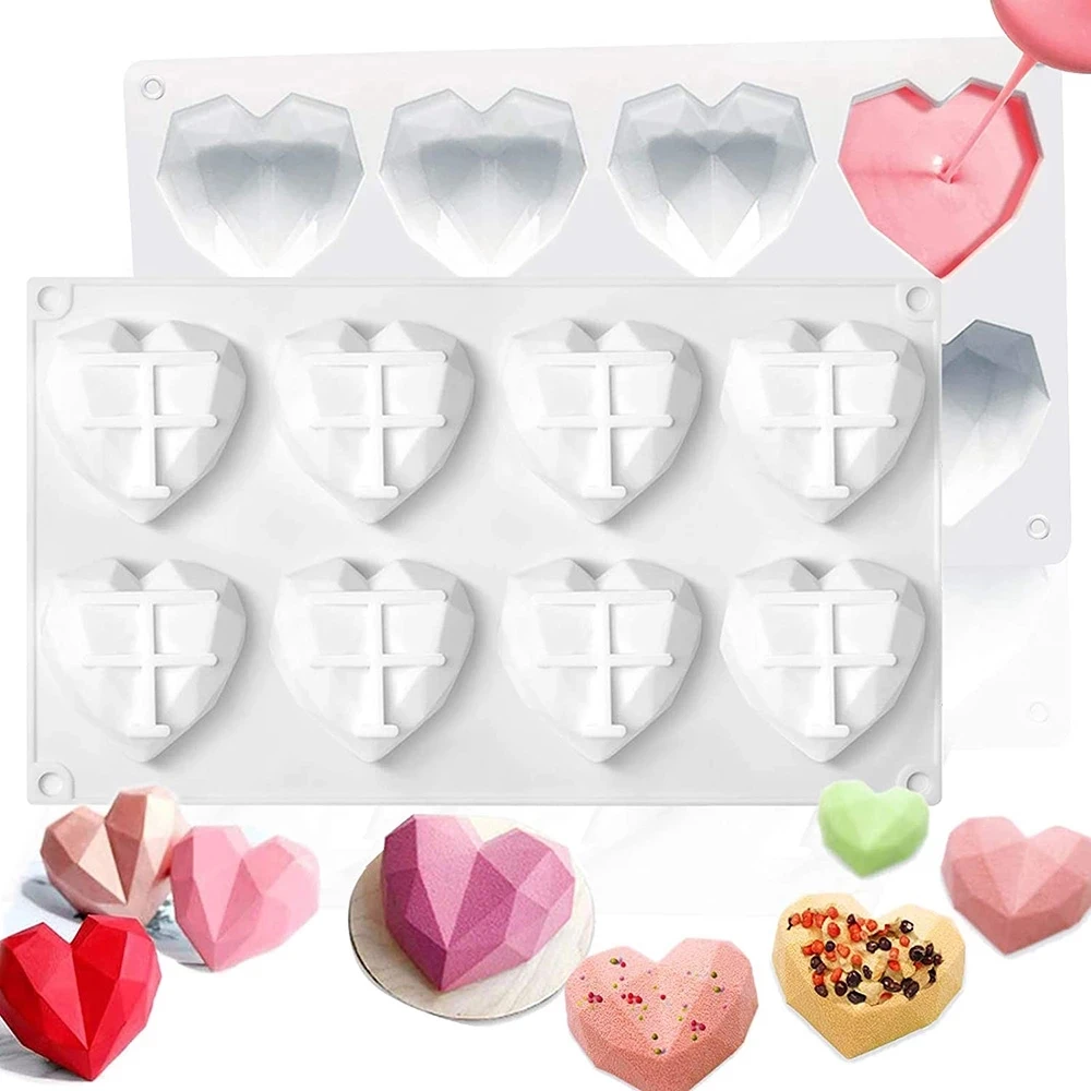 

8-Cavity Diamond Love Heart-Shaped Silicone Molds for Sponge Cakes Mousse Chocolate Dessert Bakeware Pastry Mould