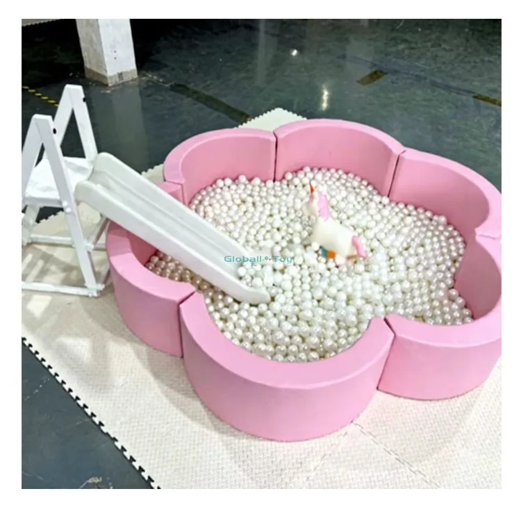 Popular Flower Ball Pit Kids Playground Equipment White and Pink Soft Play Petal Ball Pit With Slide