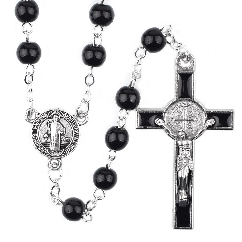 

St Benedict Rosaries 6mm Black Glass Beads Religious Cross Necklace Catholic Jesus Rosary