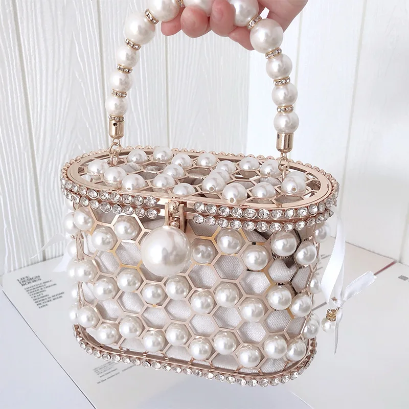 

Women metal rhinestone cage purse elegant handmade pearl beaded clutch bag evening party bucket, White, black
