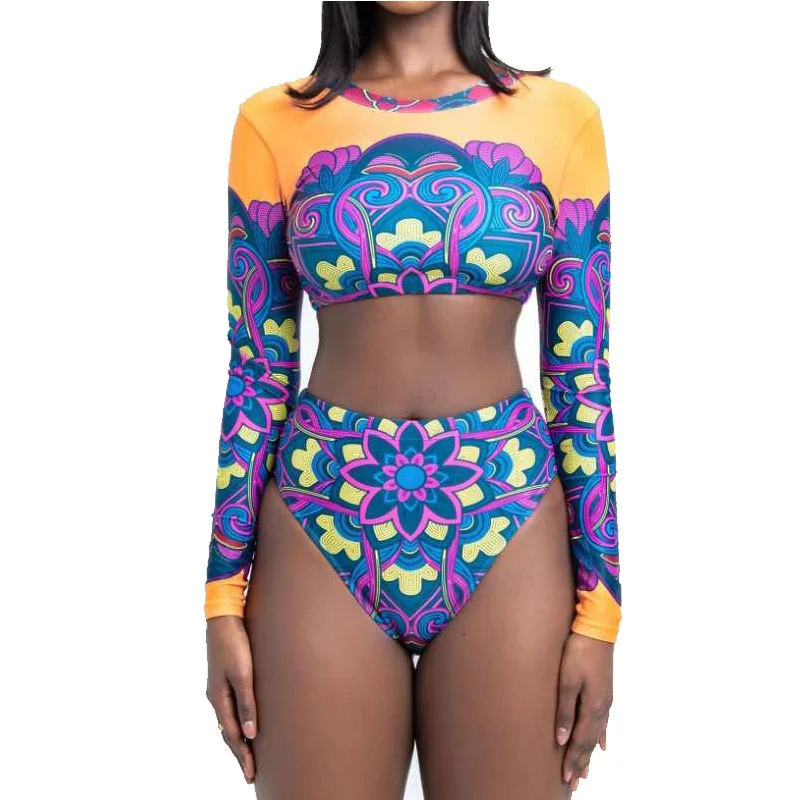 

Wholesale Bodysuit Long Sleeve Swimwear Two Pieces Round Neck High Waist Bathing Suits Women Floral Swimsuit