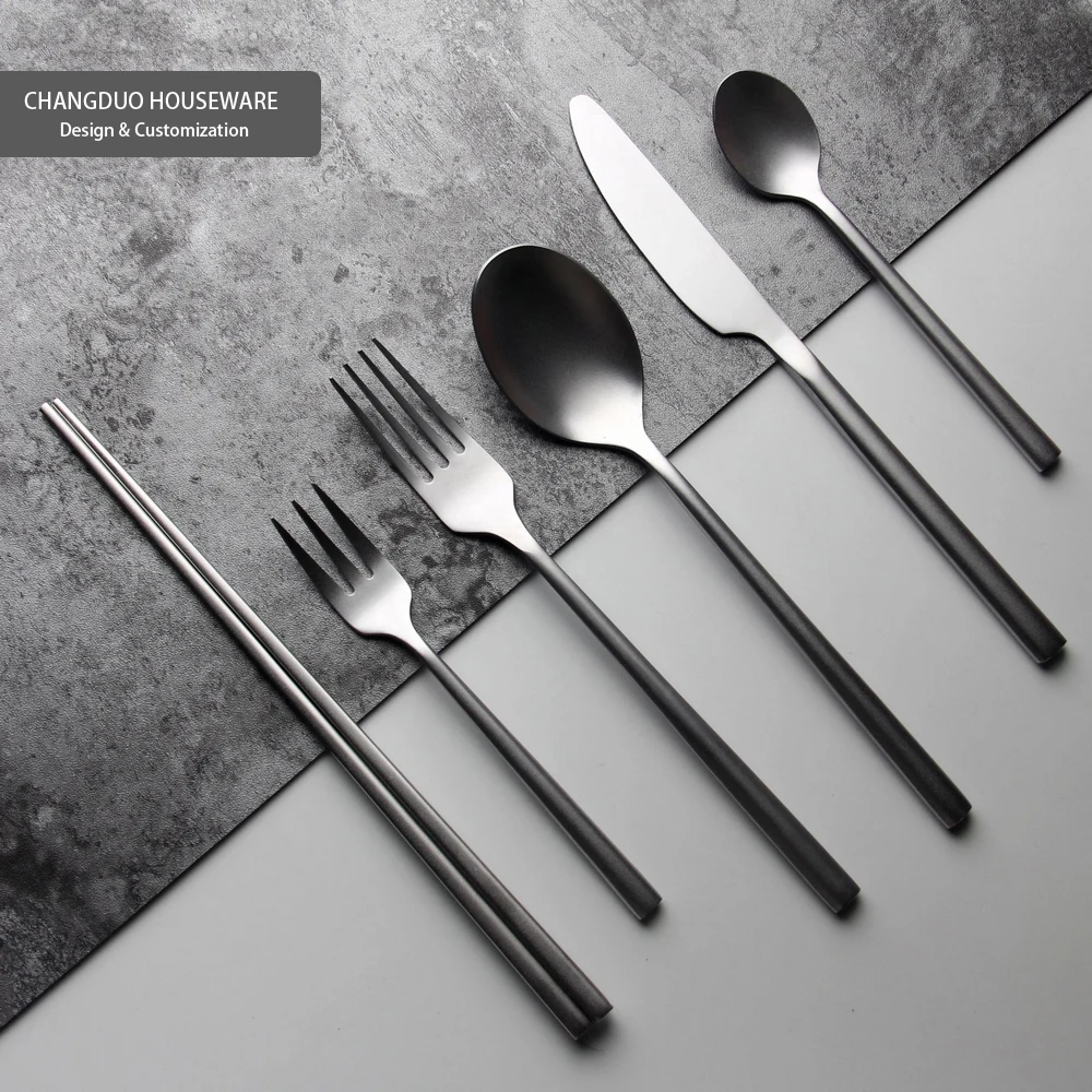 

Luxury flatware sets silver stainless steel home wedding cutlery set japan matte polished tea spoon fruit fork steak fork knife, Silvery