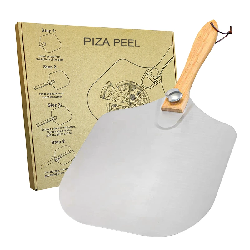 

non stick pizza shovel detachable Wooden handle Square metal pizza paddle Aluminum pizza peel 12inch, Original wood color