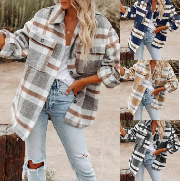 

Fashionable Autumn And Winter Long Sleeve Loose Plaid Shirt Wool Coat Women Ladies Tops, Yellow,red,khaki,gray,green,blue,gray green,gray blue