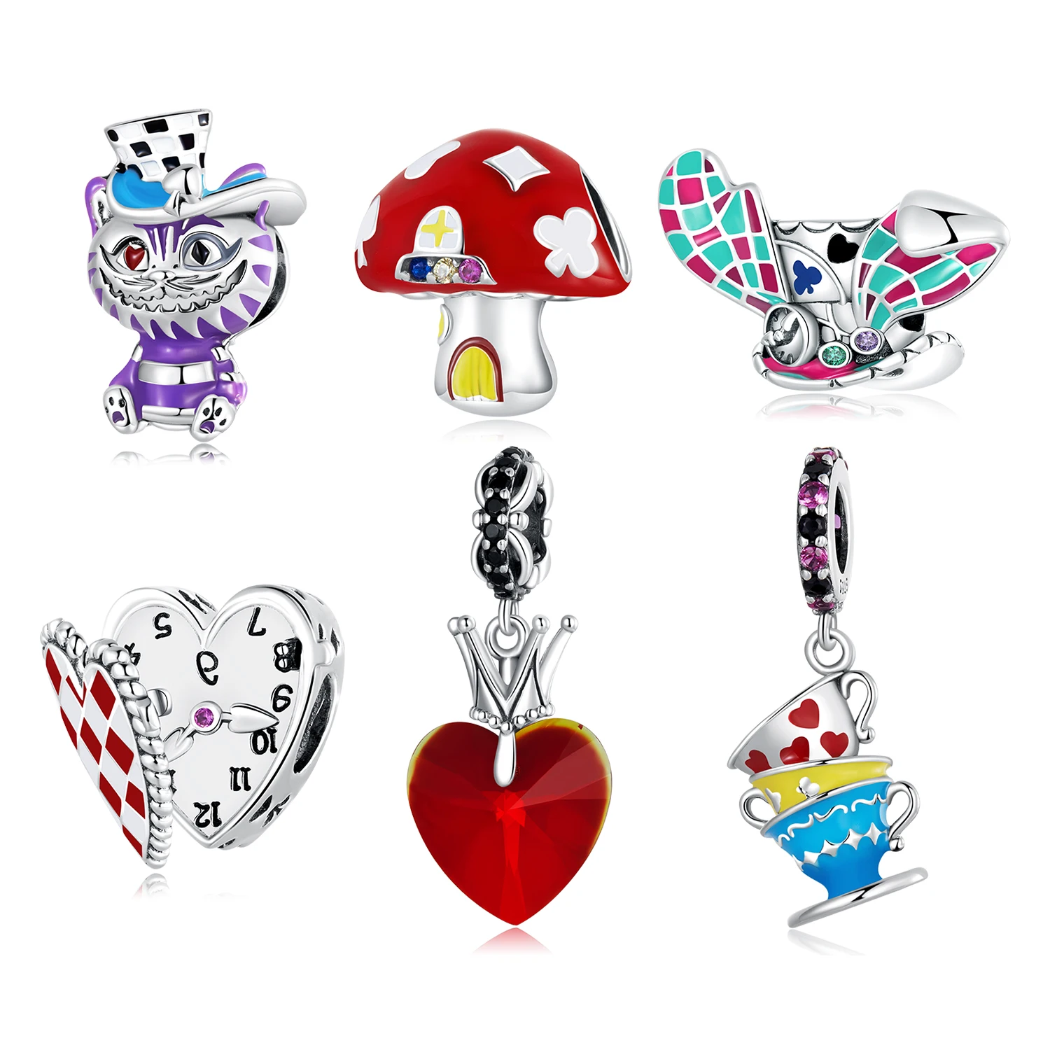 Jiangyuan 925 sterling silver jewelry wonderland series rabbit and cat charms lovely mushroom heart clock pendant