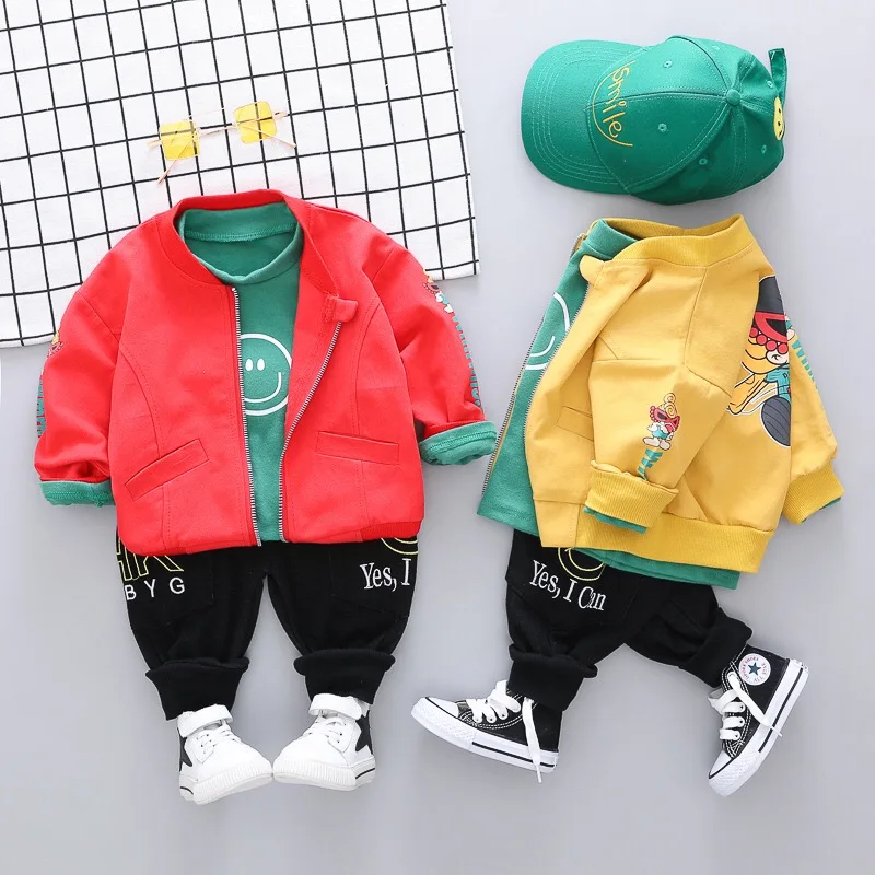 

New design 2020 fashion casual cute cartoon smiling face print Tshirt +Pants 3 pieces boys autumn set kids clothing