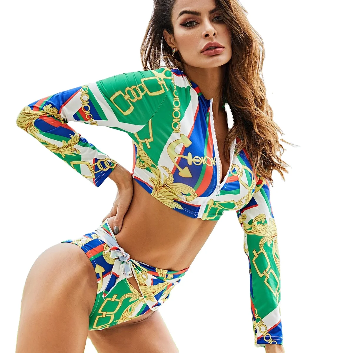 

Fashion Factory Price Women Swimwear 2021 Floral Random Print Swimsuit Long Sleeve Bikini Set & Headband bathing suits for women