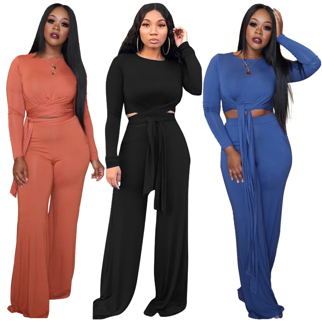

ANL1344 New Arrival Pure Color Bandage Crop Top Wide Leg Women 2 Piece Casual Pants Set Clothing