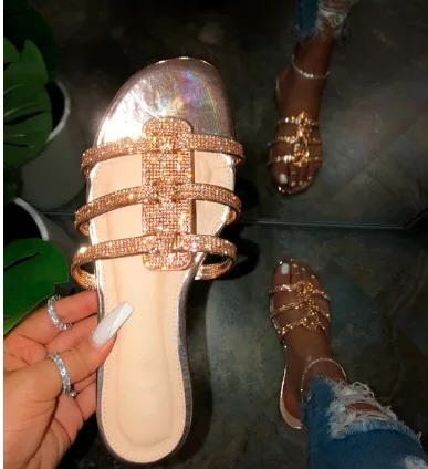 

Women Flat Beach Slippers Eva Latest Ladies Crystal Diamond Flats Shoes, Gold black