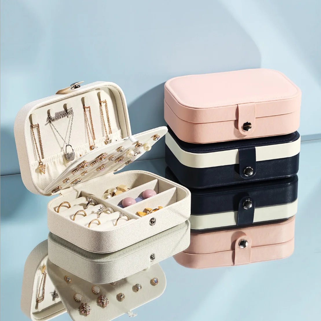

Wholesale leather jewelry case lady jewellery storage case package boxes travel jewelry organizer Caixa de joias, White/ pink/ blue