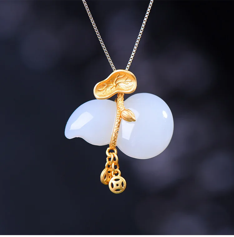 

Natural Hetian jade pendant gourd jade necklace S925 sterling silver retro ethnic style necklace