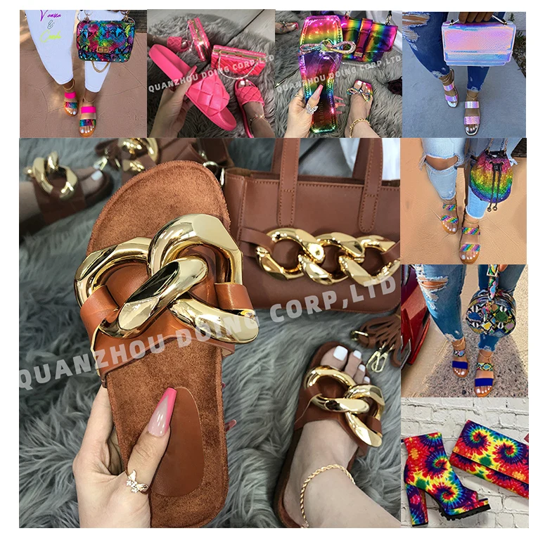 

2021 designer women snakeskin jelly chain ladies kids big handbag backpack purse and shoe slide slipper sandals matching bag set, All color available