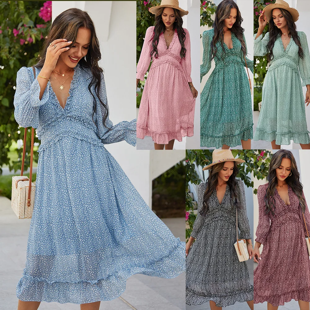 

High Quality Chiffon Full Printing V Neck Plus Size Long Sleeve Flounced Custom Sun New dresses Styles Women, 6 colors in stock