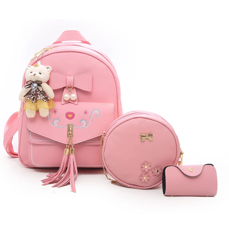 

Fashion newest backpack high quality for lady popular PU backpack bag set with bear, Black white pink