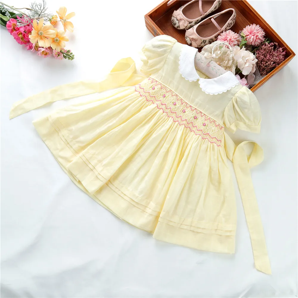

B26567 summer yellow toddler baby girls' smocked dresses children clothing hand made embroidery kids clothes wholesale