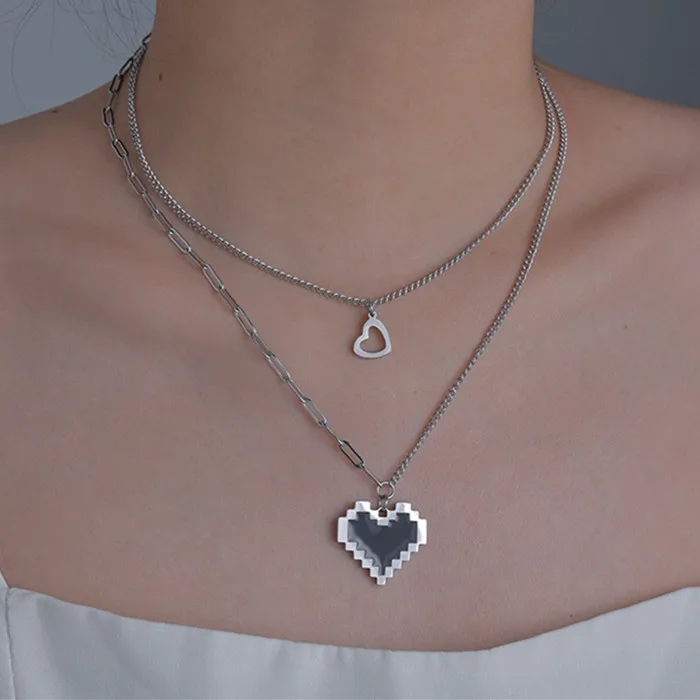 

Korean Design Silver Plated Black Oil Dripping Irregular Heart Pendant Necklace Double Layer Stainless Steel Love Heart Necklace